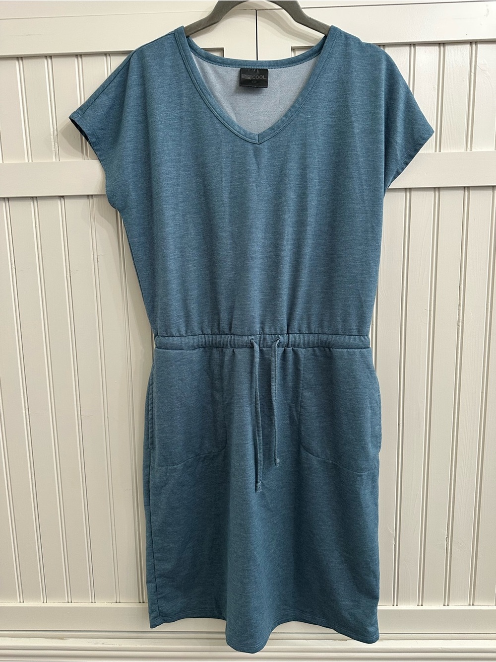 32 Degrees V-Neck Drawstring Midi Soft Lux Dress Heather Ash Blue Size XS